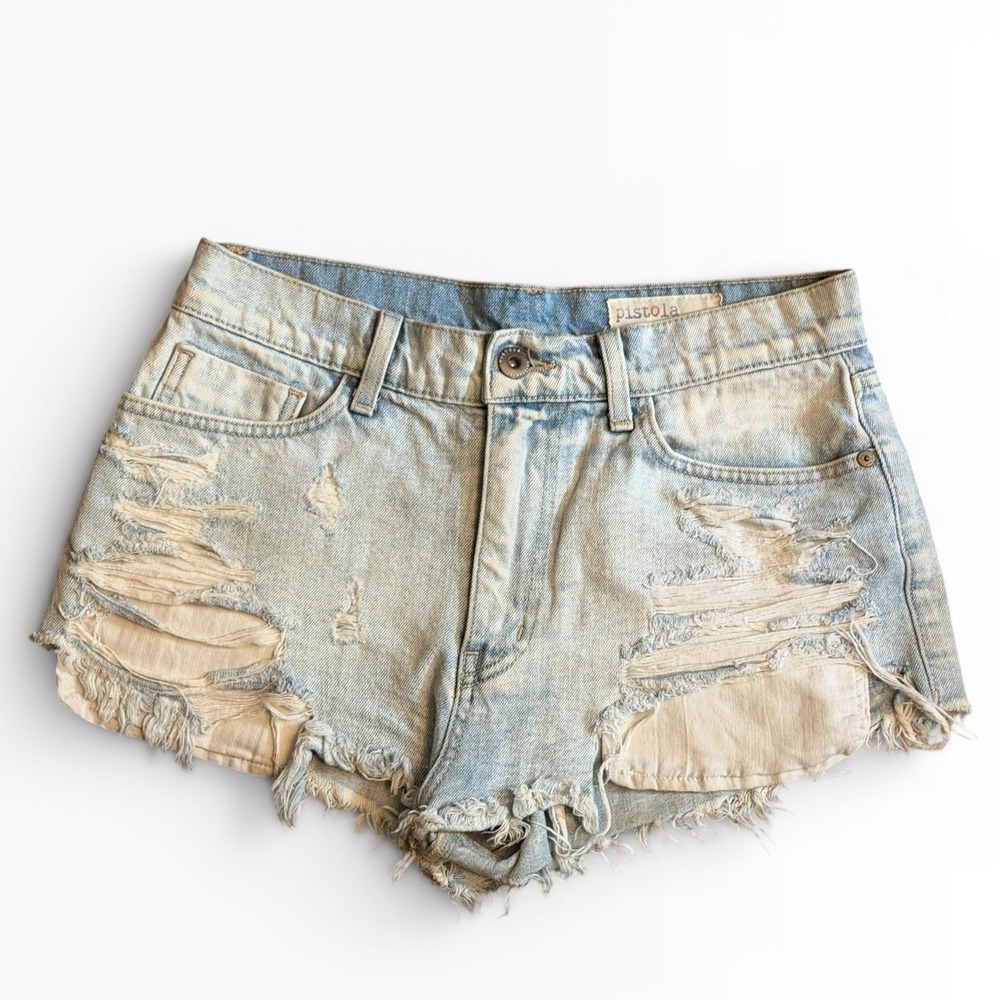 Pistola Distressed High Rise Light Wash Denim Mini Cutoff Frayed Shorts Size 28